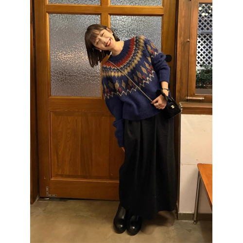 北歐風費爾島復古藍色提花毛衣女秋冬寬松慵懶針織外穿浣熊絨上衣