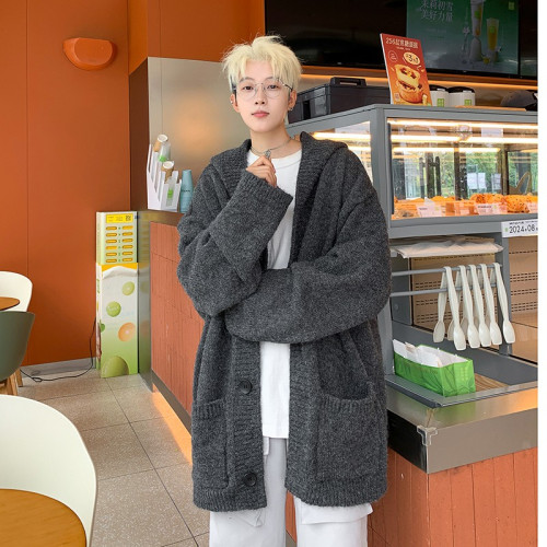 深灰色開衫毛衣男款2025秋冬季新款慵懶風寬松休閒簡約針織衫外套