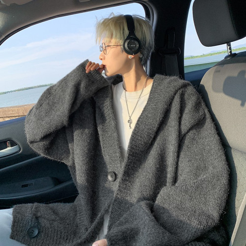 深灰色開衫毛衣男款2025秋冬季新款慵懶風寬松休閒簡約針織衫外套