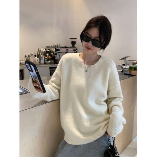 阿一 糯米絨舒適慵懶風 羊毛圓領毛衣女春秋寬鬆外穿套頭針織上衣