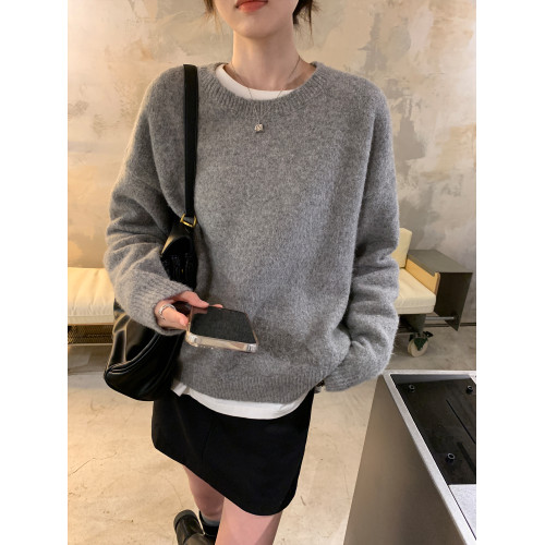 阿一 糯米絨舒適慵懶風 羊毛圓領毛衣女春秋寬鬆外穿套頭針織上衣