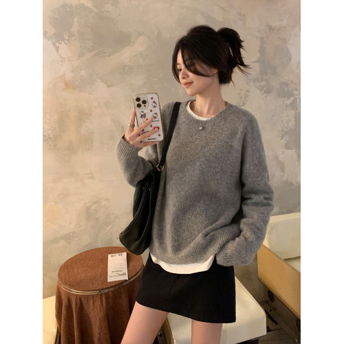 阿一 糯米絨舒適慵懶風 羊毛圓領毛衣女春秋寬鬆外穿套頭針織上衣