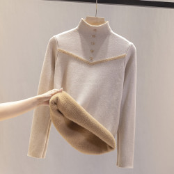 一體絨毛衣女2025年新款加絨加厚半高領打底衫女秋冬針織內搭上衣