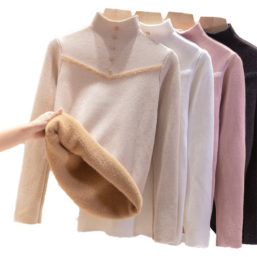 一體絨毛衣女2025年新款加絨加厚半高領打底衫女秋冬針織內搭上衣