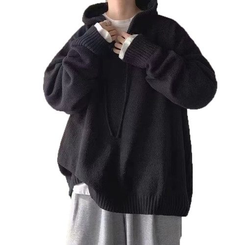 連帽毛衣男冬季寬松chic慵懶風復古針織衫青少年潮流保暖純色外套