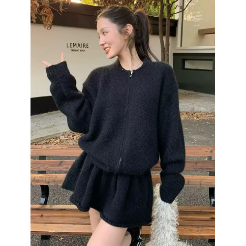 韓系高級感氣質軟糯拉鍊毛衣外套女秋冬季半身裙小個子時尚套裝