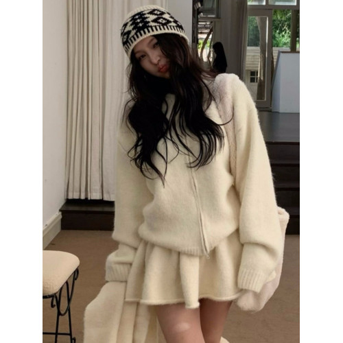 韓系高級感氣質軟糯拉鍊毛衣外套女秋冬季半身裙小個子時尚套裝