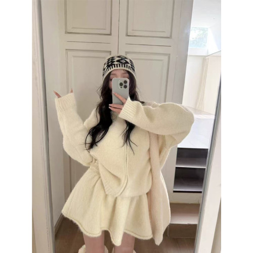 韓系高級感氣質軟糯拉鍊毛衣外套女秋冬季半身裙小個子時尚套裝