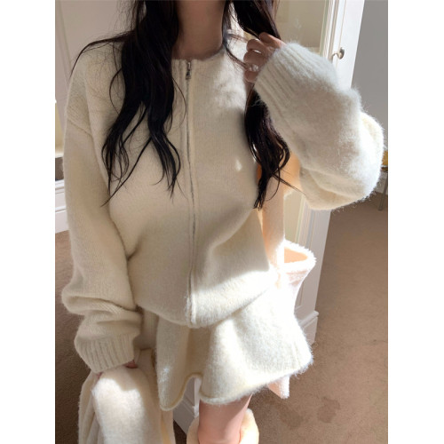 韓系高級感氣質軟糯拉鍊毛衣外套女秋冬季半身裙小個子時尚套裝