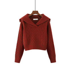 大翻領復古毛衣女秋冬高腰短款小個子軟糯套頭長袖粗毛線針織上衣