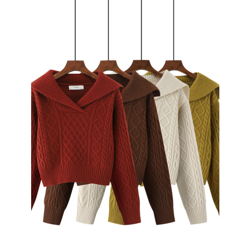 大翻領復古毛衣女秋冬高腰短款小個子軟糯套頭長袖粗毛線針織上衣