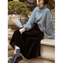 法式復古針織衫女灰色高領短款毛衣麻花寬松顯瘦毛衣上衣加厚秋冬