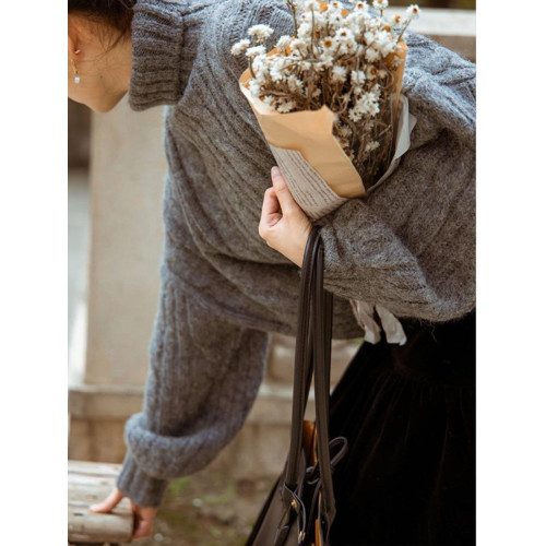 法式復古針織衫女灰色高領短款毛衣麻花寬松顯瘦毛衣上衣加厚秋冬