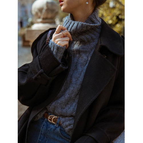 法式復古針織衫女灰色高領短款毛衣麻花寬松顯瘦毛衣上衣加厚秋冬