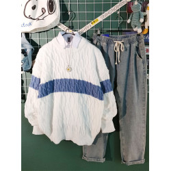 日系慵懶風拼色毛衣男冬季加厚圓領情侶百搭麻花針織衫線衣男外套