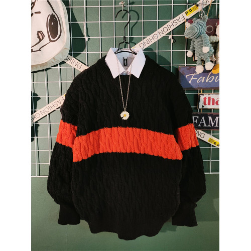 日系慵懶風拼色毛衣男冬季加厚圓領情侶百搭麻花針織衫線衣男外套