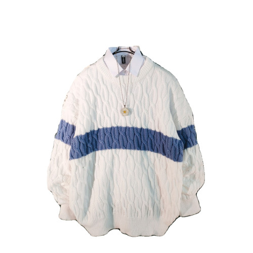 日系慵懶風拼色毛衣男冬季加厚圓領情侶百搭麻花針織衫線衣男外套