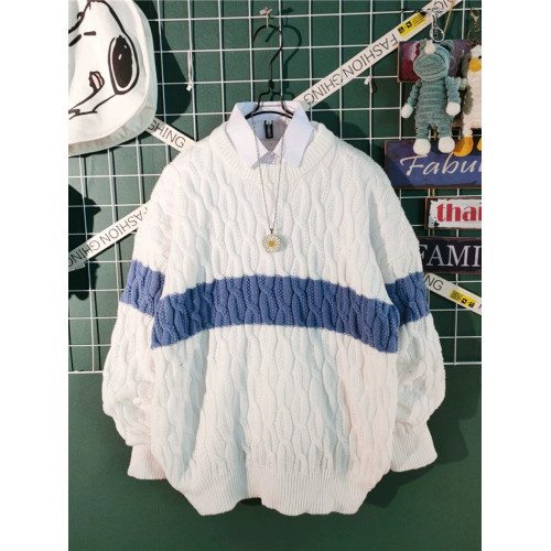 日系慵懶風拼色毛衣男冬季加厚圓領情侶百搭麻花針織衫線衣男外套