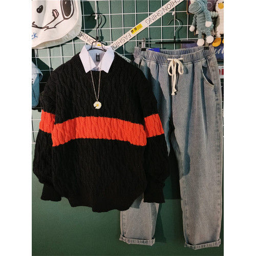 日系慵懶風拼色毛衣男冬季加厚圓領情侶百搭麻花針織衫線衣男外套