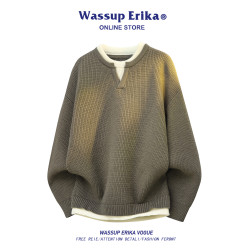 WASSUP ERIKA日系休閒假兩件針織衫男秋季套頭上衣情侶百搭毛衣女