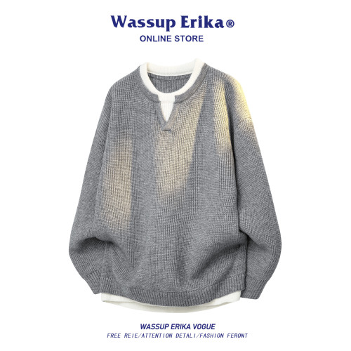 WASSUP ERIKA日系休閒假兩件針織衫男秋季套頭上衣情侶百搭毛衣女