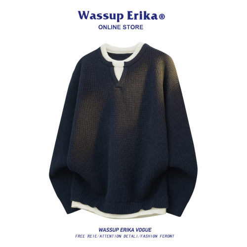 WASSUP ERIKA日系休閒假兩件針織衫男秋季套頭上衣情侶百搭毛衣女