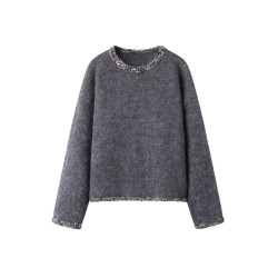法式小香風圓領釘珠灰色毛衣女秋冬加厚寬松外穿慵懶風針織衫上衣