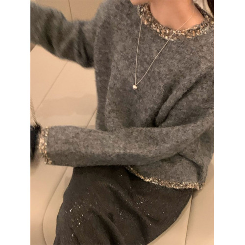 法式小香風圓領釘珠灰色毛衣女秋冬加厚寬松外穿慵懶風針織衫上衣