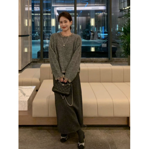 法式小香風圓領釘珠灰色毛衣女秋冬加厚寬松外穿慵懶風針織衫上衣