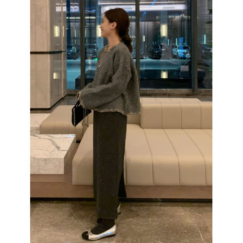 法式小香風圓領釘珠灰色毛衣女秋冬加厚寬松外穿慵懶風針織衫上衣