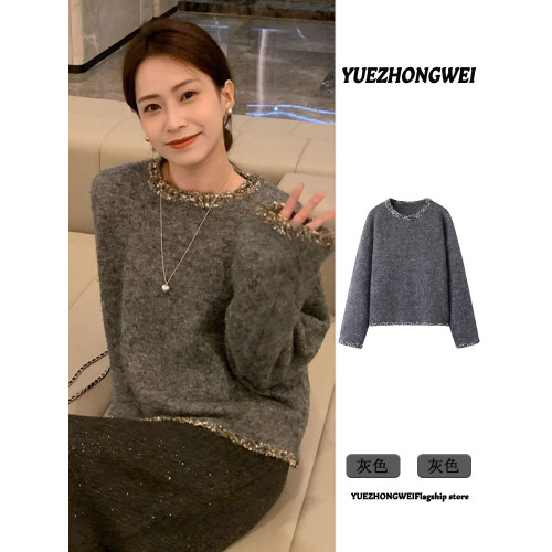 法式小香風圓領釘珠灰色毛衣女秋冬加厚寬松外穿慵懶風針織衫上衣