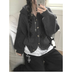 Up and on 秋冬日系復古麻花寬松顯瘦百搭連帽針織開衫毛衣外套