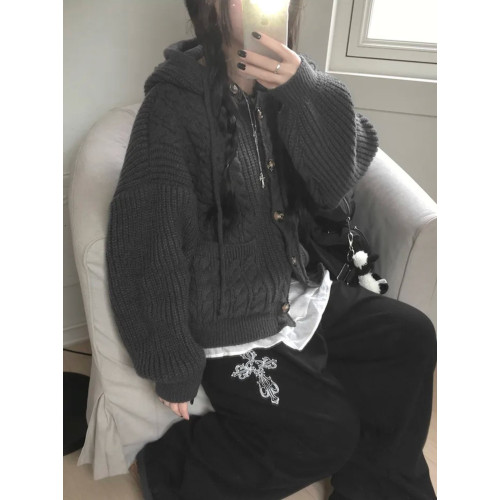 Up and on 秋冬日系復古麻花寬松顯瘦百搭連帽針織開衫毛衣外套