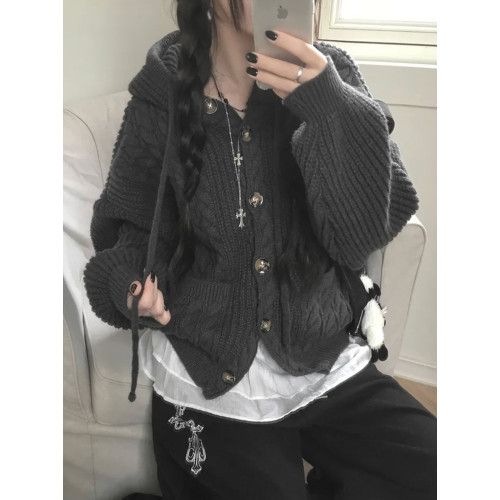 Up and on 秋冬日系復古麻花寬松顯瘦百搭連帽針織開衫毛衣外套