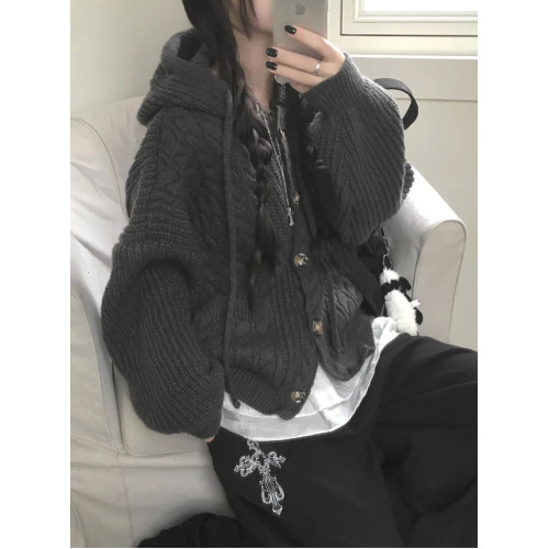 Up and on 秋冬日系復古麻花寬松顯瘦百搭連帽針織開衫毛衣外套