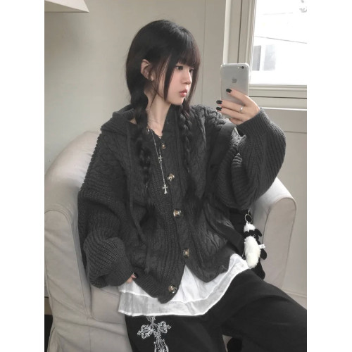 Up and on 秋冬日系復古麻花寬松顯瘦百搭連帽針織開衫毛衣外套