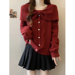 紅色一字肩毛衣女春秋大碼胖mm減齡漂亮洋氣上衣蝴蝶結打底針織衫