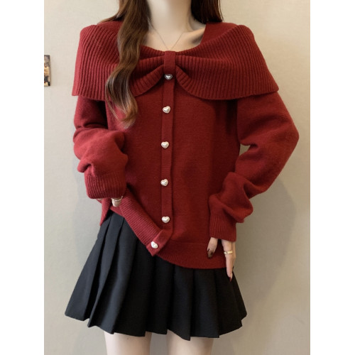 紅色一字肩毛衣女春秋大碼胖mm減齡漂亮洋氣上衣蝴蝶結打底針織衫