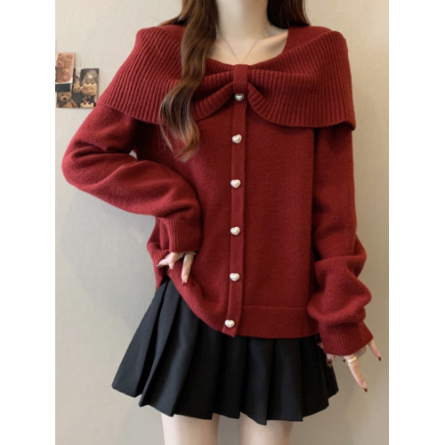 紅色一字肩毛衣女春秋大碼胖mm減齡漂亮洋氣上衣蝴蝶結打底針織衫