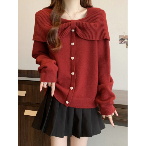 紅色一字肩毛衣女春秋大碼胖mm減齡漂亮洋氣上衣蝴蝶結打底針織衫