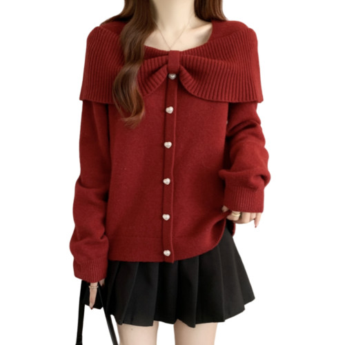 紅色一字肩毛衣女春秋大碼胖mm減齡漂亮洋氣上衣蝴蝶結打底針織衫