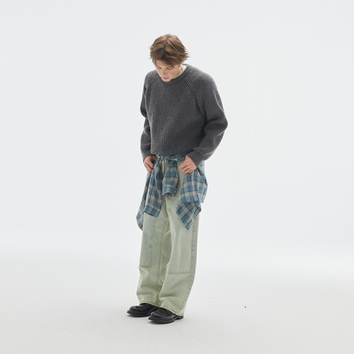 美式街頭做舊條紋短款毛衣慵懶高級感男寬松潮流針織衫圓領線衫潮