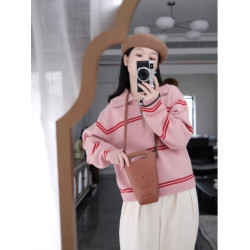 復古日系撞色條紋半拉鍊套頭毛衣女秋冬慵懶風百搭外穿粉色針織衫