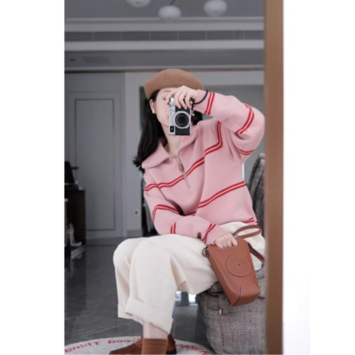 復古日系撞色條紋半拉鍊套頭毛衣女秋冬慵懶風百搭外穿粉色針織衫