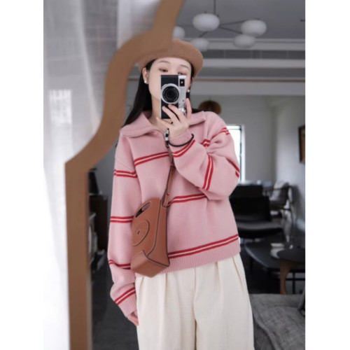 復古日系撞色條紋半拉鍊套頭毛衣女秋冬慵懶風百搭外穿粉色針織衫