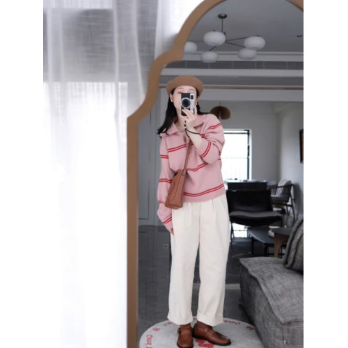 復古日系撞色條紋半拉鍊套頭毛衣女秋冬慵懶風百搭外穿粉色針織衫