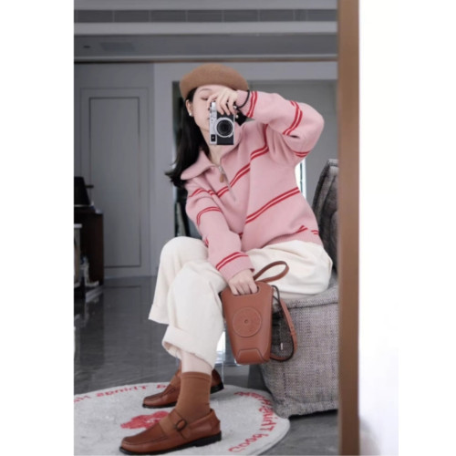 復古日系撞色條紋半拉鍊套頭毛衣女秋冬慵懶風百搭外穿粉色針織衫