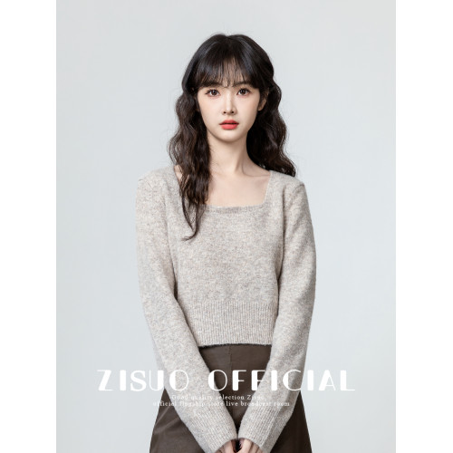 燕麥色方領毛衣女2026春秋新款設計感收腰顯瘦針織衫內搭短款上衣