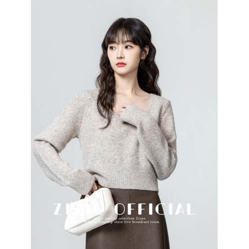 燕麥色方領毛衣女2026春秋新款設計感收腰顯瘦針織衫內搭短款上衣