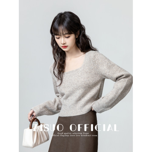 燕麥色方領毛衣女2026春秋新款設計感收腰顯瘦針織衫內搭短款上衣